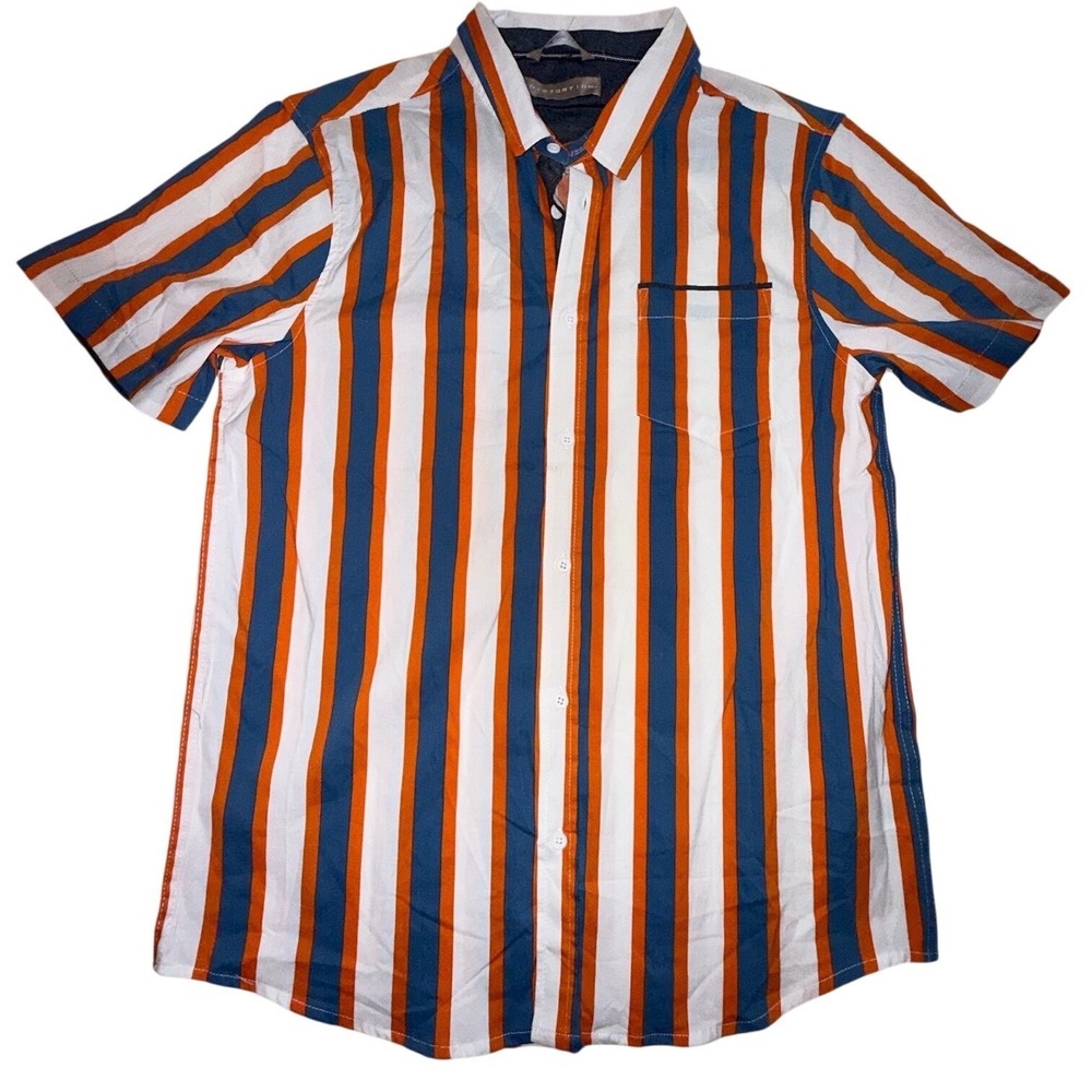Distortion Mens Orange Blue White Striped Short Sleeve Button Down Shirt Size M